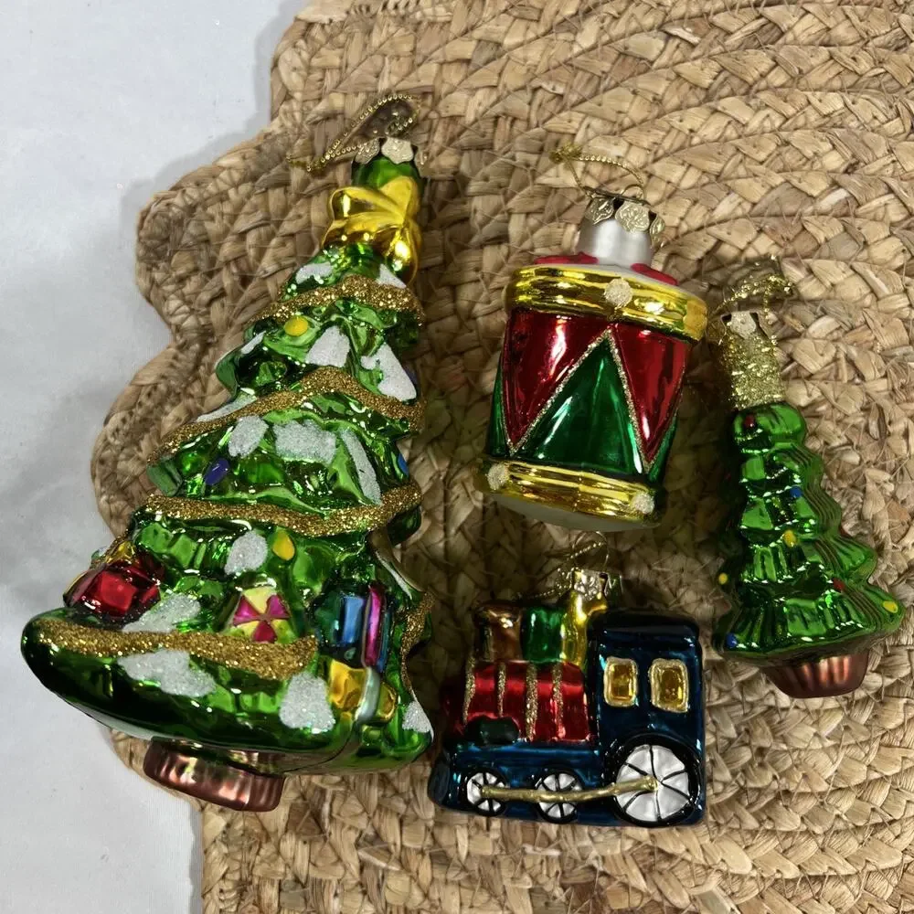 Vintage Thomas Pacconi Glass Christmas Tree 3.5” & 6.5” + Drum Train Ornaments
